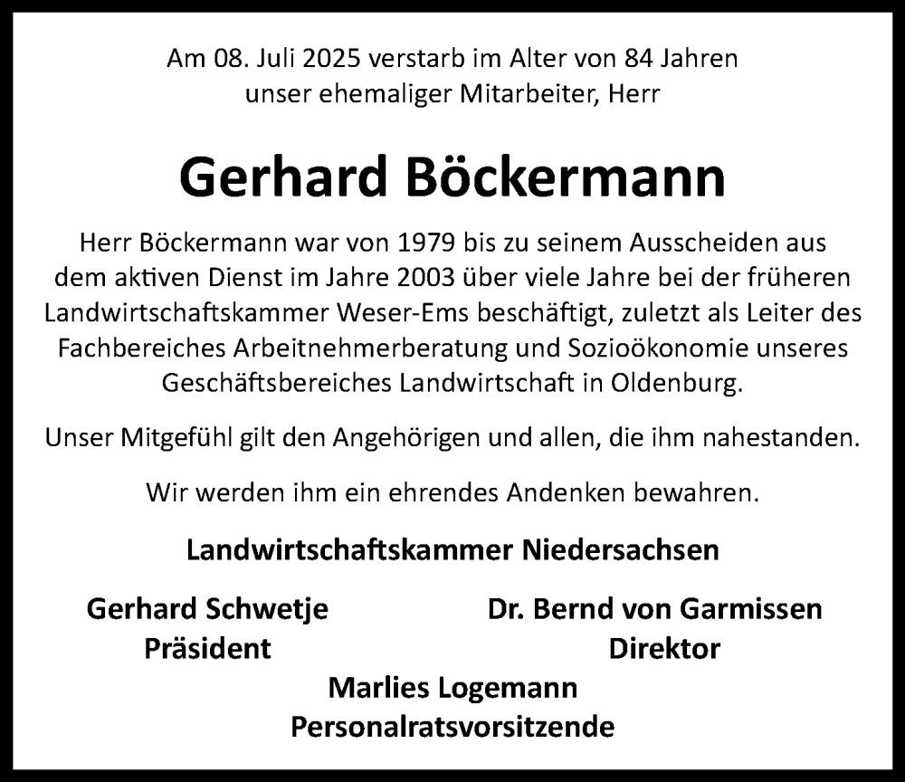  Traueranzeige für Gerhard Böckermann vom 02.08.2025 aus Nordwest-Zeitung