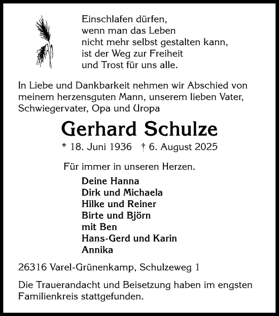 Traueranzeige von Gerhard Schulze von Nordwest-Zeitung