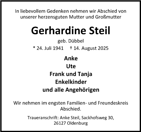Traueranzeige von Gerhardine Steil von Nordwest-Zeitung