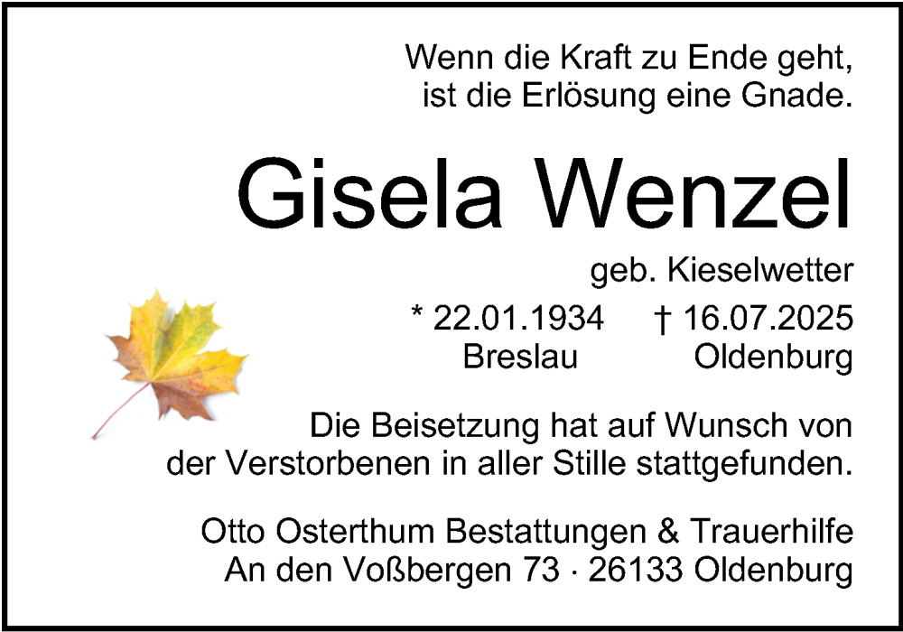  Traueranzeige für Gisela Wenzel vom 08.08.2025 aus Nordwest-Zeitung