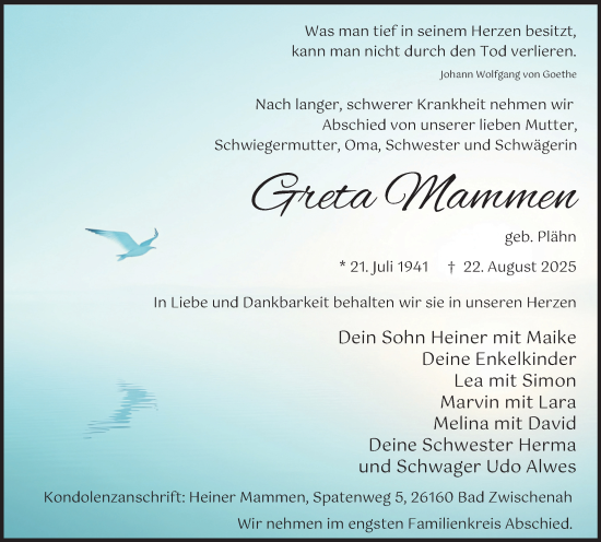 Traueranzeige von Greta Mammen von WZ/JW/AH