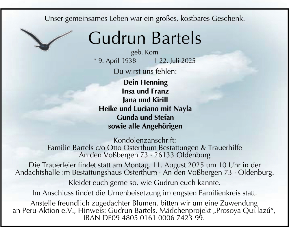  Traueranzeige für Gudrun Bartels vom 02.08.2025 aus Nordwest-Zeitung