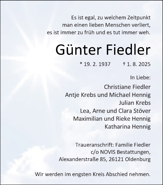 Traueranzeige von Günter Fiedler von Nordwest-Zeitung
