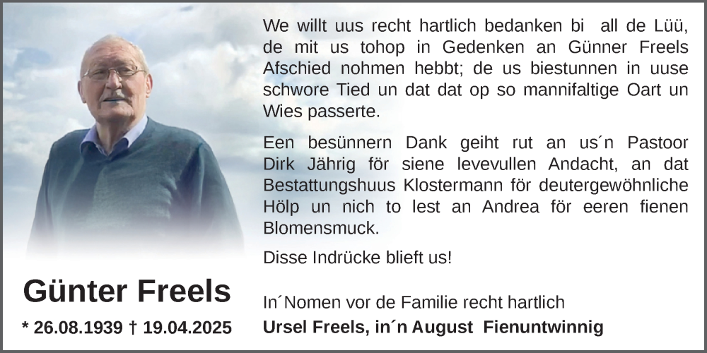  Traueranzeige für Günter Freels vom 16.08.2025 aus Nordwest-Zeitung
