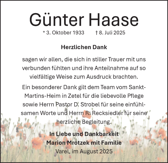 Traueranzeige von Günter Haase von Nordwest-Zeitung
