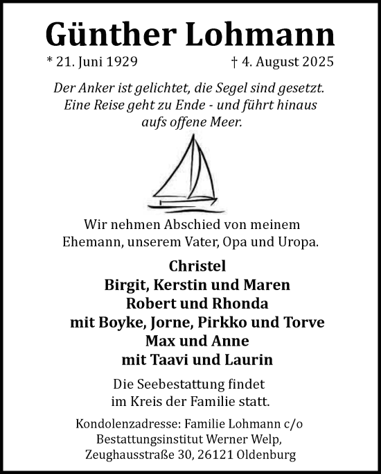 Traueranzeige von Günther Lohmann von Nordwest-Zeitung