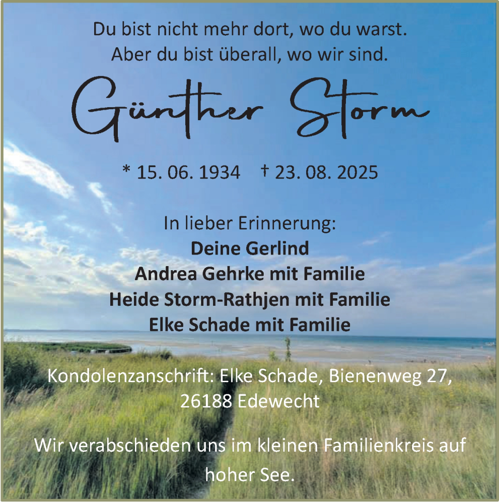  Traueranzeige für Günther Storm vom 30.08.2025 aus Nordwest-Zeitung