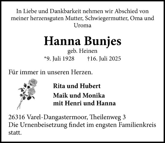 Traueranzeige von Hanna Bunjes von Nordwest-Zeitung