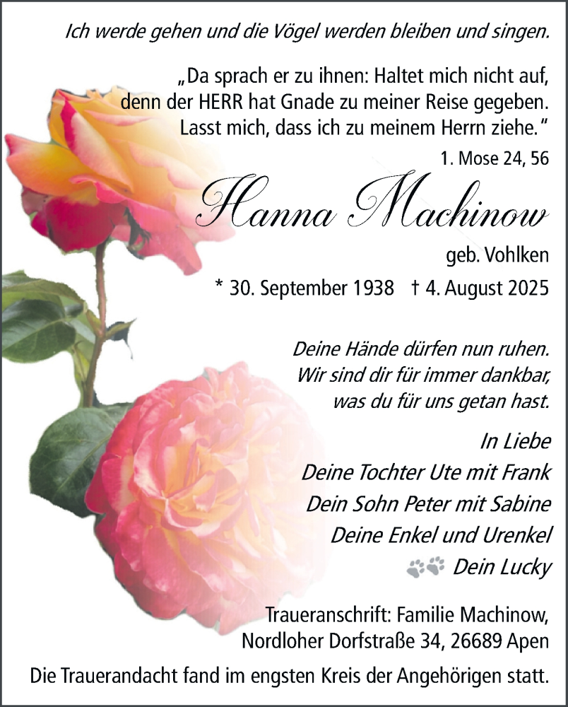  Traueranzeige für Hanna Machinow vom 09.08.2025 aus Nordwest-Zeitung