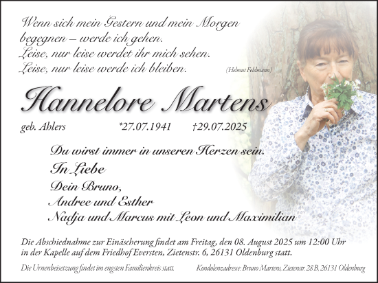 Traueranzeige von Hannelore Martens von Nordwest-Zeitung