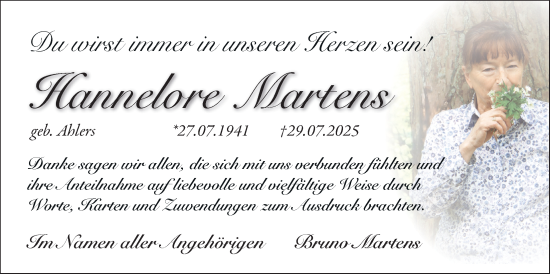 Traueranzeige von Hannelore Martens von Nordwest-Zeitung