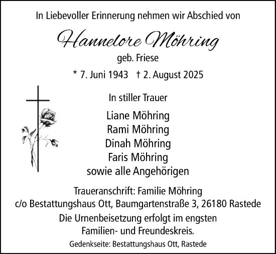 Traueranzeige von Hannelore Möhring von Nordwest-Zeitung