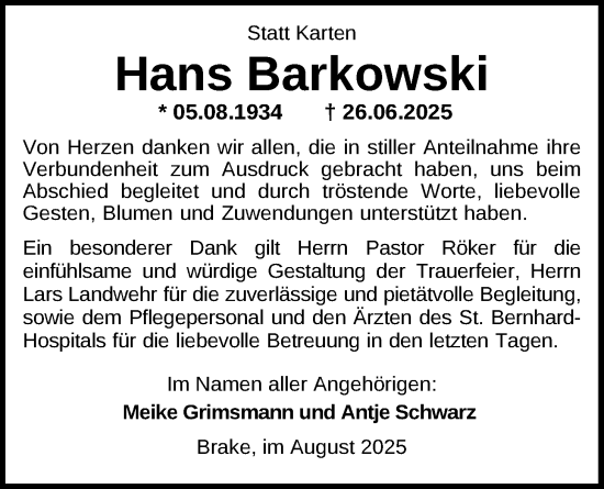 Traueranzeige von Hans Barkowski von Nordwest-Zeitung