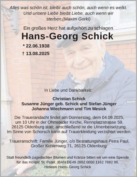 Traueranzeige von Hans-Georg Schick von Nordwest-Zeitung