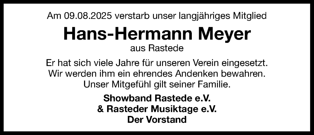  Traueranzeige für Hans-Hermann Meyer vom 19.08.2025 aus Nordwest-Zeitung
