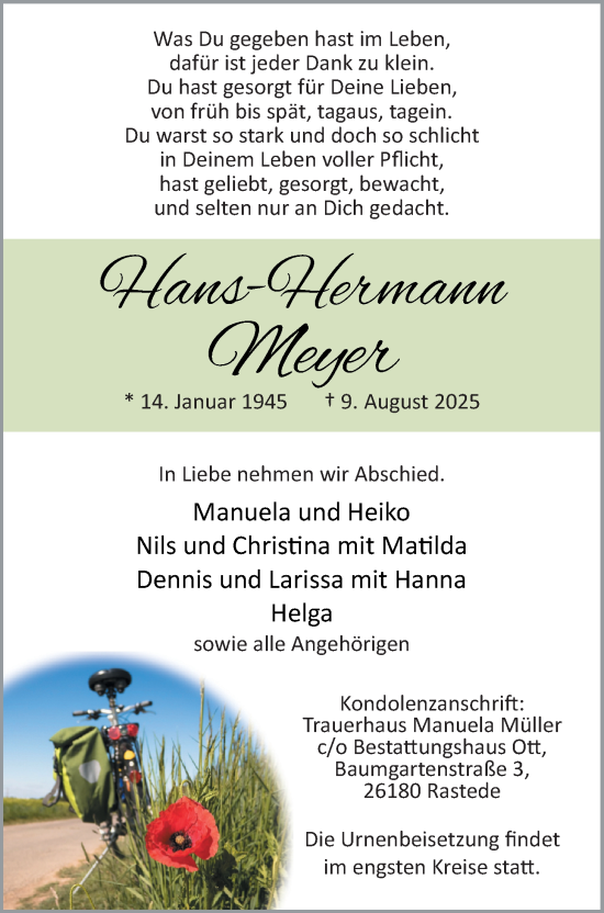 Traueranzeige von Hans-Hermann Meyer von Nordwest-Zeitung