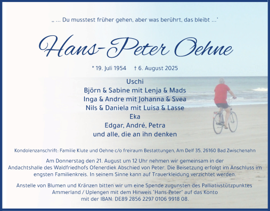 Traueranzeige von Hans-Peter Oehne von Nordwest-Zeitung