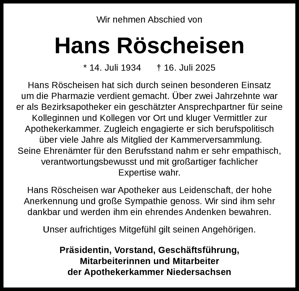  Traueranzeige für Hans Röscheisen vom 02.08.2025 aus Nordwest-Zeitung