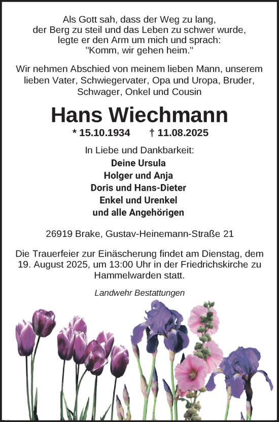Traueranzeige von Hans Wiechmann von Nordwest-Zeitung