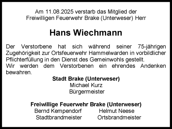 Traueranzeige von Hans Wiechmann von Nordwest-Zeitung
