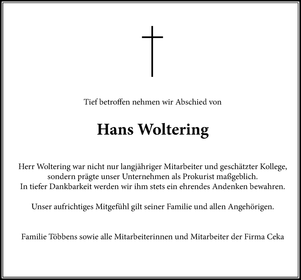  Traueranzeige für Hans Woltering vom 30.08.2025 aus Nordwest-Zeitung