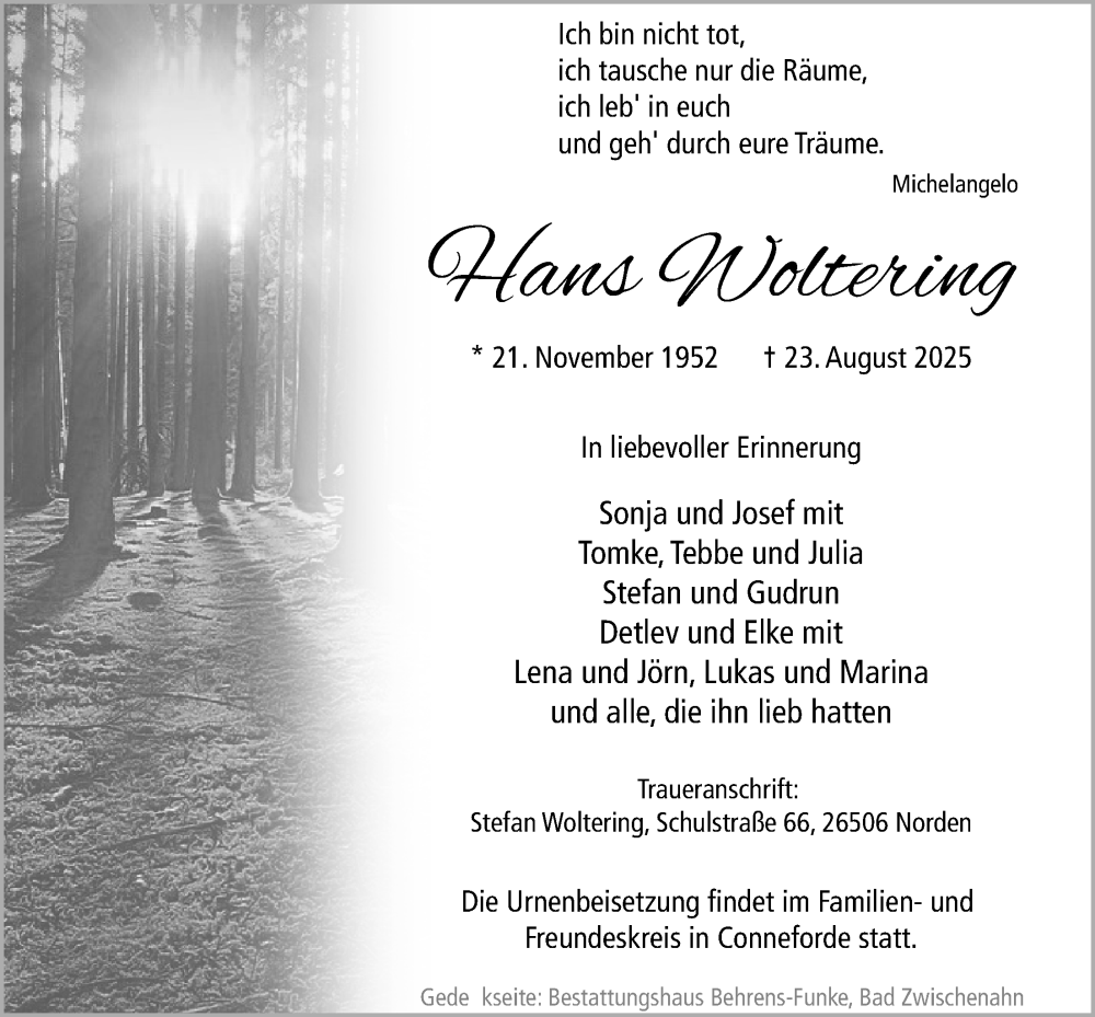  Traueranzeige für Hans Woltering vom 30.08.2025 aus Nordwest-Zeitung