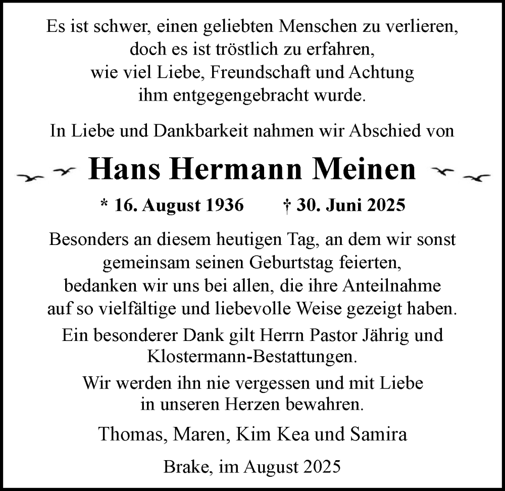  Traueranzeige für Hans Hermann Meinen vom 16.08.2025 aus Nordwest-Zeitung