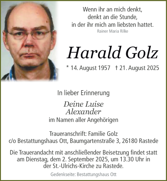 Traueranzeige von Harald Golz von Nordwest-Zeitung