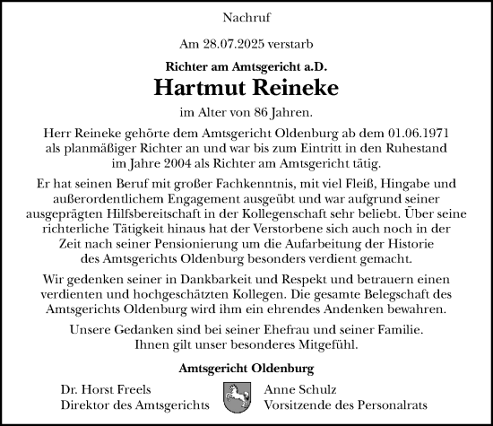 Traueranzeige von Hartmut Reineke von Nordwest-Zeitung