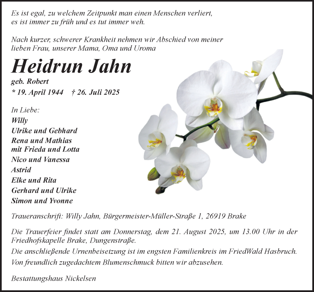  Traueranzeige für Heidrun Jahn vom 02.08.2025 aus Nordwest-Zeitung