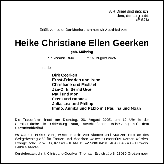 Traueranzeige von Heike Christiane Ellen Geerken von Nordwest-Zeitung