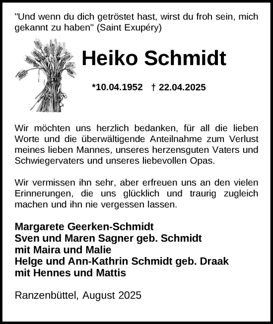 Traueranzeige von Heiko Schmidt von Nordwest-Zeitung