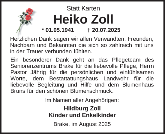 Traueranzeige von Heiko Zoll von Nordwest-Zeitung