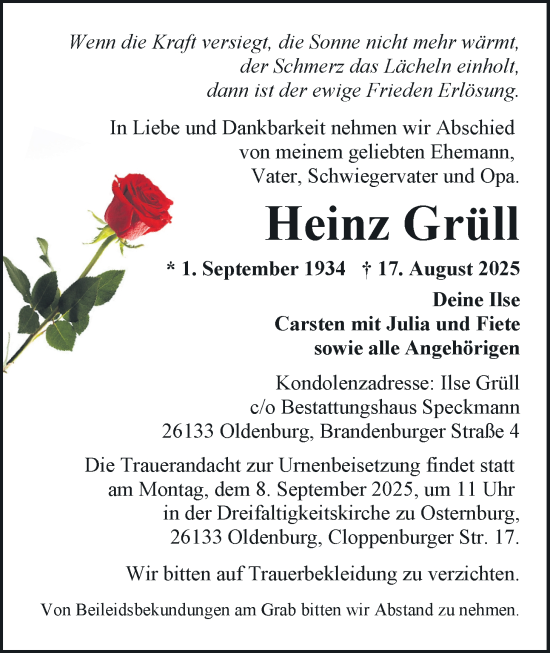 Traueranzeige von Heinz Grüll von Nordwest-Zeitung