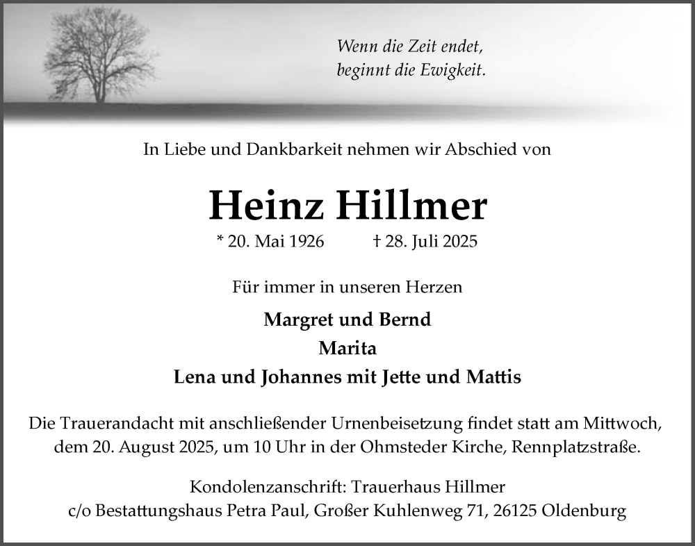  Traueranzeige für Heinz Hillmer vom 09.08.2025 aus Nordwest-Zeitung