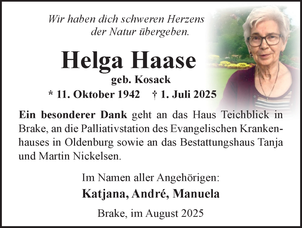  Traueranzeige für Helga Haase vom 09.08.2025 aus Nordwest-Zeitung