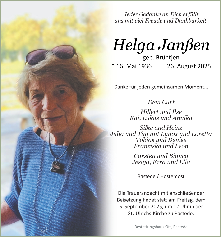  Traueranzeige für Helga Janßen vom 30.08.2025 aus Nordwest-Zeitung