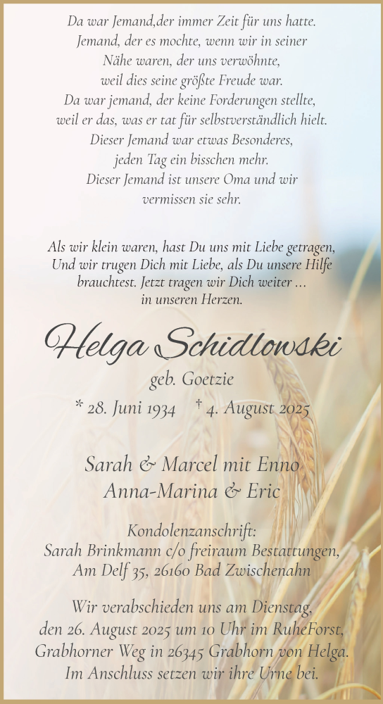  Traueranzeige für Helga Schidlowski vom 16.08.2025 aus Nordwest-Zeitung