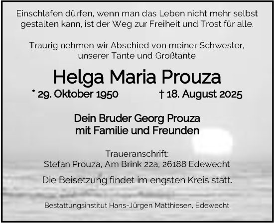 Traueranzeige von Helga Maria Prouza von Nordwest-Zeitung