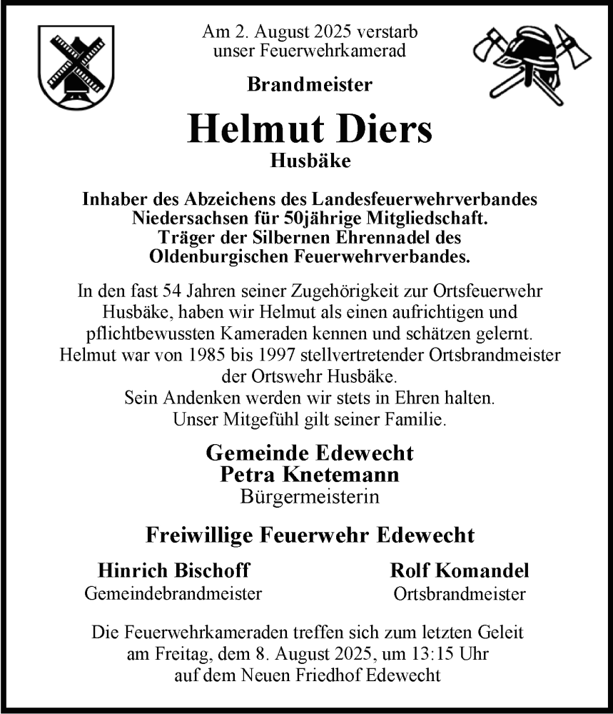  Traueranzeige für Helmut Diers vom 06.08.2025 aus Nordwest-Zeitung