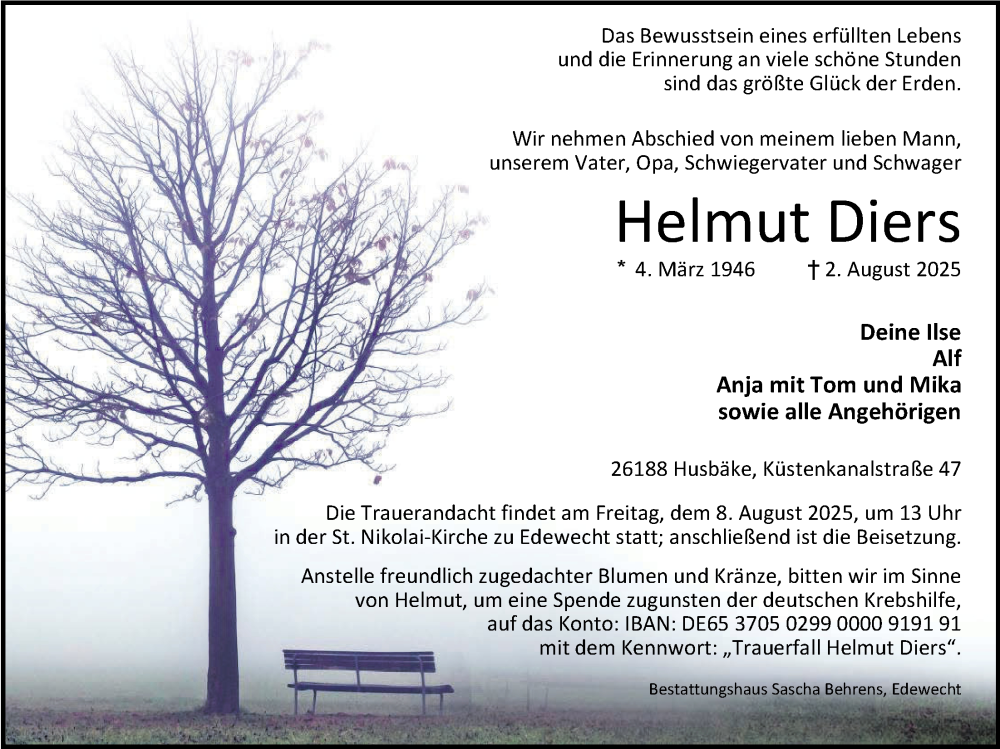  Traueranzeige für Helmut Diers vom 06.08.2025 aus Nordwest-Zeitung