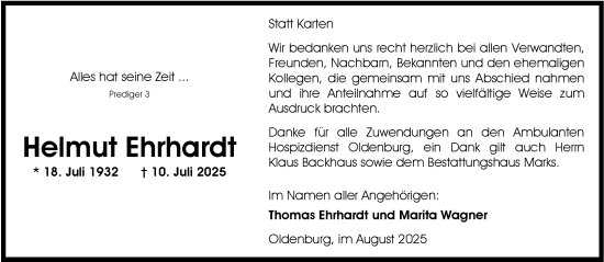 Traueranzeige von Helmut Ehrhardt von Nordwest-Zeitung