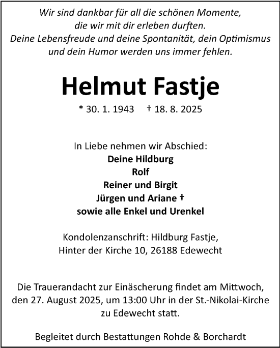 Traueranzeige von Helmut Fastje von Nordwest-Zeitung