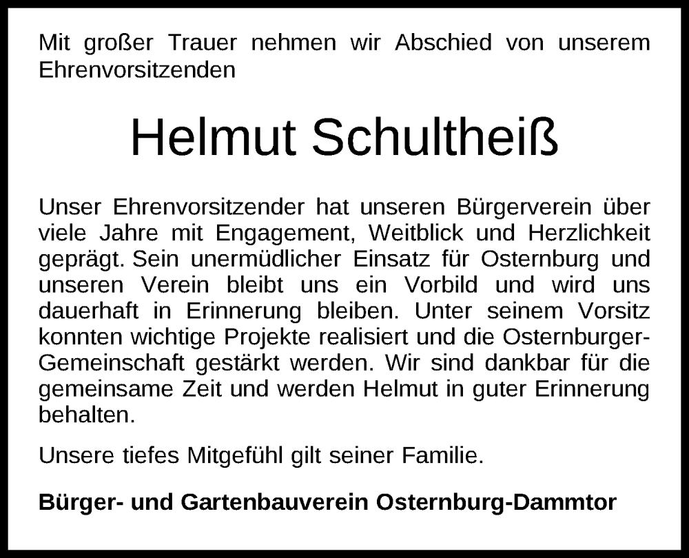  Traueranzeige für Helmut Schultheiß vom 30.08.2025 aus Nordwest-Zeitung