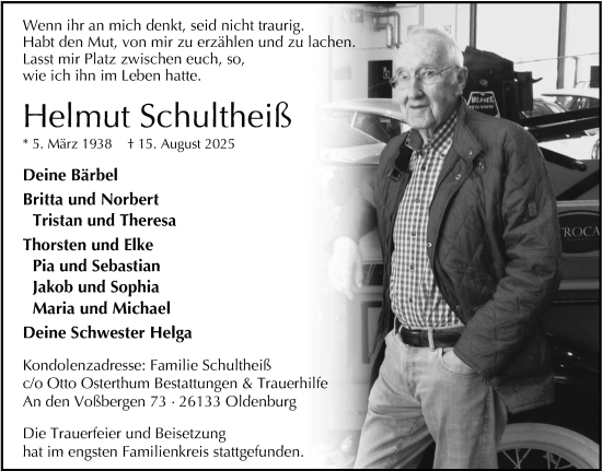 Traueranzeige von Helmut Schultheiß von Nordwest-Zeitung