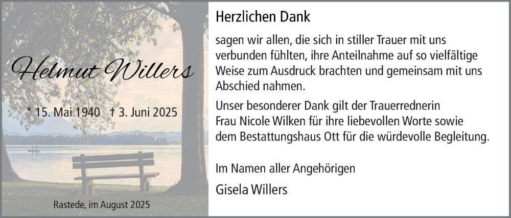  Traueranzeige für Helmut Willers vom 09.08.2025 aus Nordwest-Zeitung