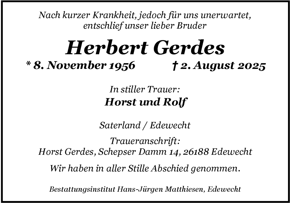  Traueranzeige für Herbert Gerdes vom 23.08.2025 aus Nordwest-Zeitung