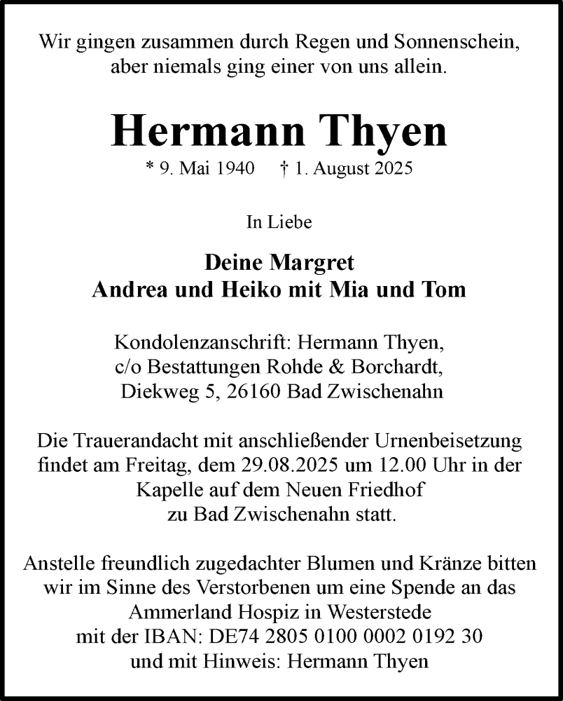  Traueranzeige für Hermann Thyen vom 16.08.2025 aus Nordwest-Zeitung