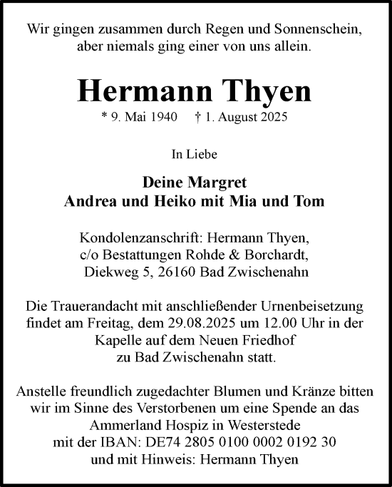 Traueranzeige von Hermann Thyen von Nordwest-Zeitung