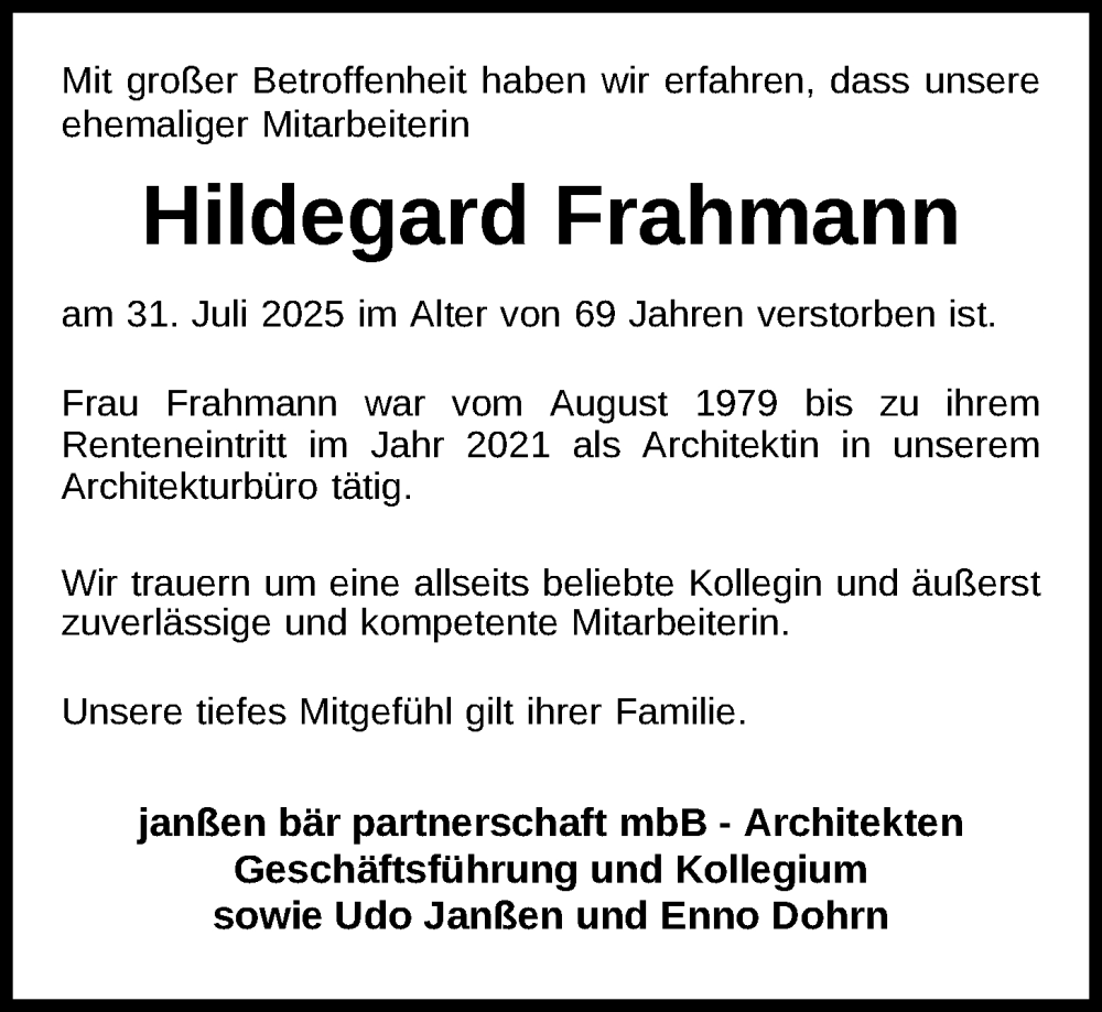  Traueranzeige für Hildegard Frahmann vom 08.08.2025 aus Nordwest-Zeitung